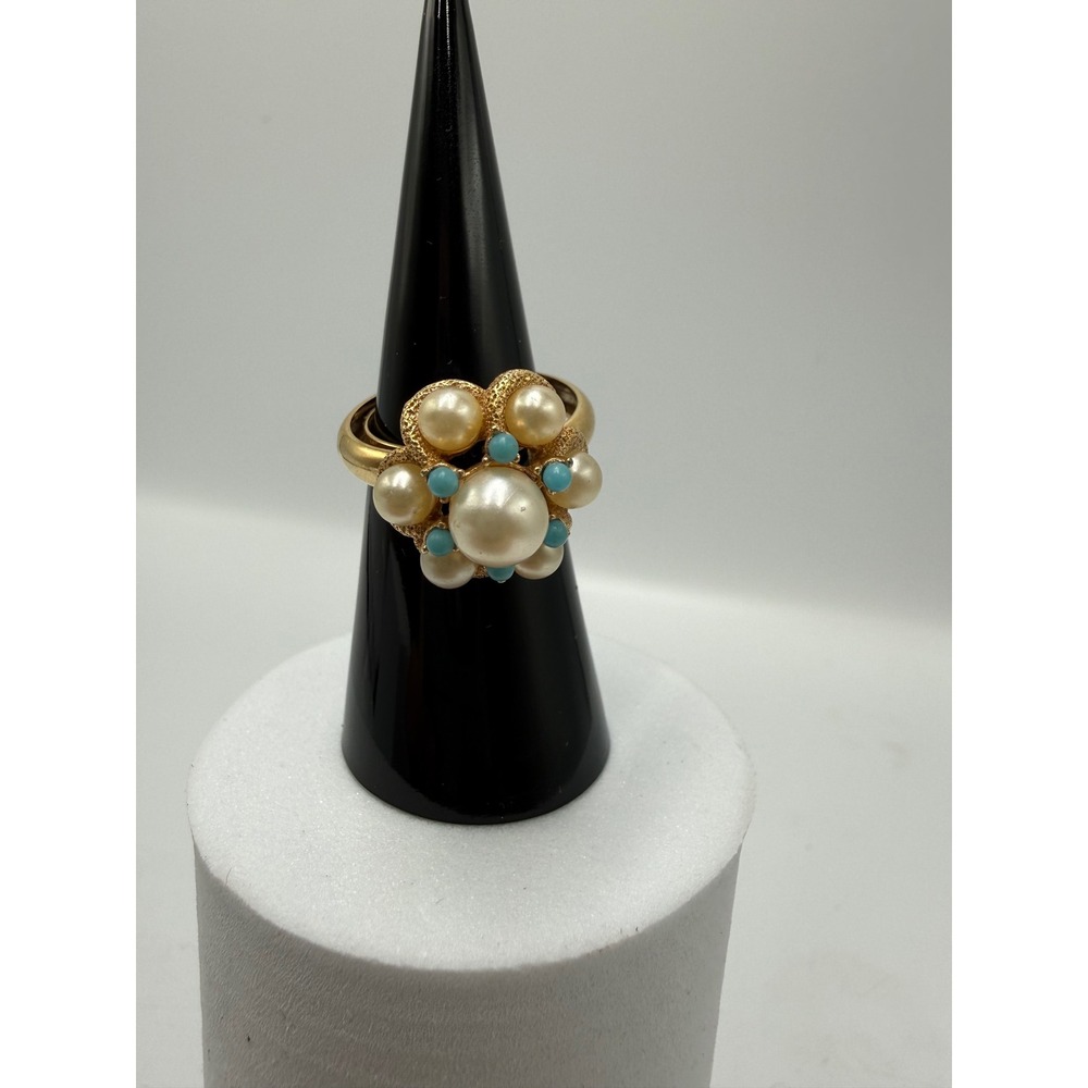 Vintage Avon Faux Pearl Turquoise Gold Tone Adjustable Cluster Statement Ring